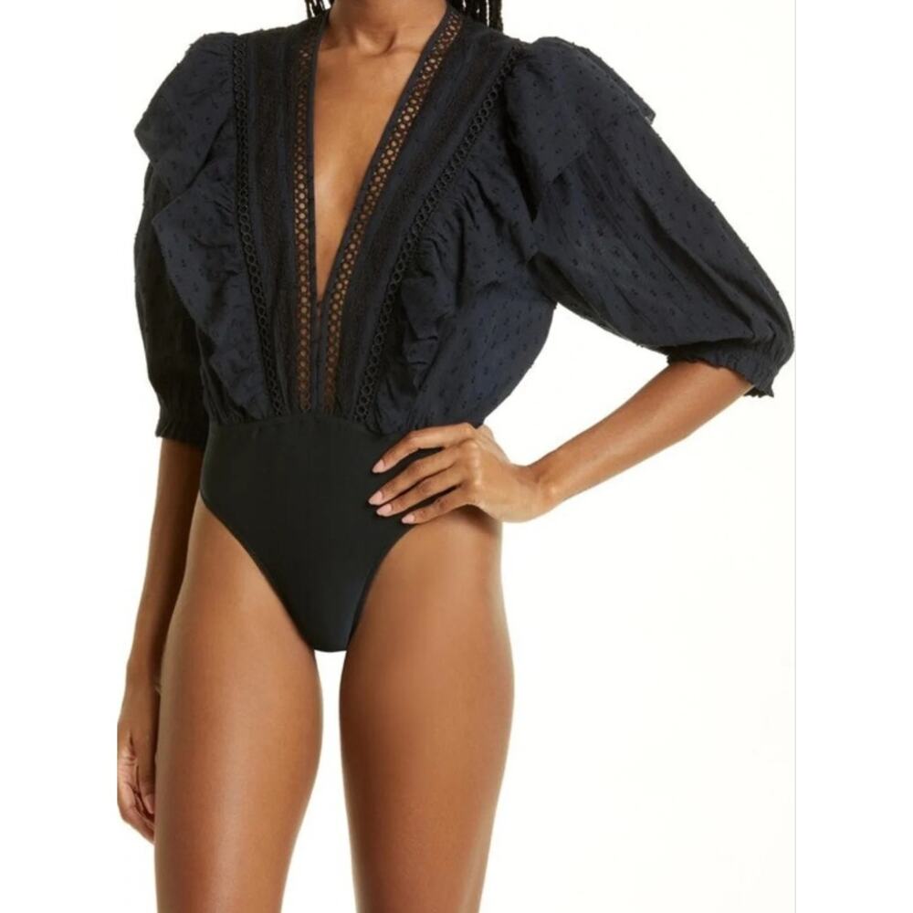 Farm Rio Plunge V-Neck Ruffle Lace Boho Romantic Swiss Dot Bodysuit - Small - Picture 2 of 16